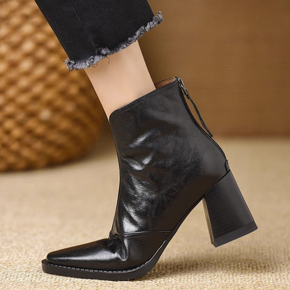 Womens Retro Square Toe Thick Heel Boots Back Zipper Fashion Ankle Boots