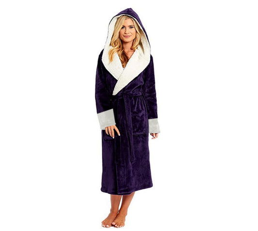 Long Hooded Bathrobe Nightgown with Belt
