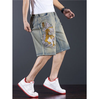 Chinese Style Tiger Embroidery Denim Shorts for Men