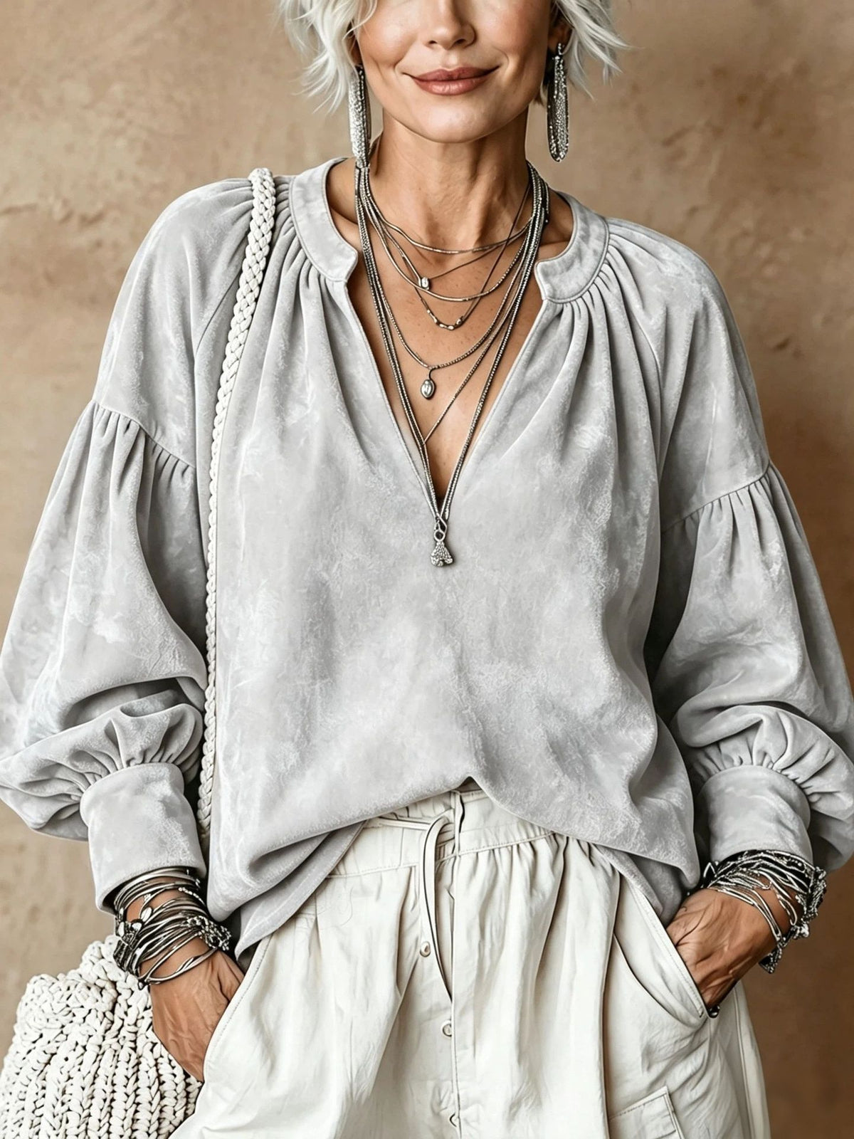 Women's Retro Ruched V-Neck Suede Loose Top