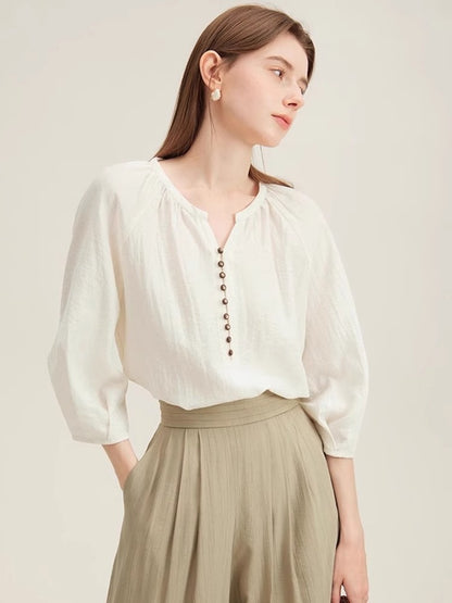 French Linen Shirt Women Three Quarter Sleeve Casual Top