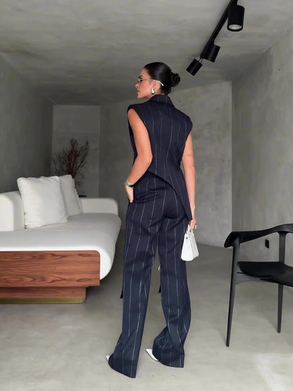 Gestreept onregelmatig zoom bovenzak rits wijde pijpen broekpak Geslaagd