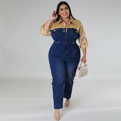 Plus Size Dames Colorblock Denim Jumpsuit