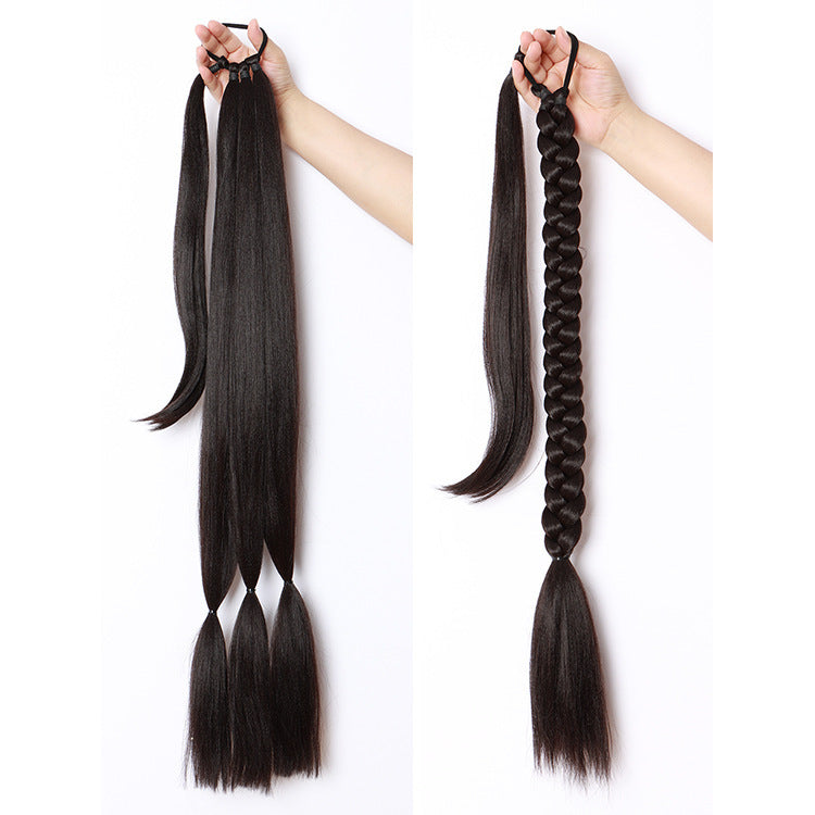 Lange gevlochten paardenstaartverlenging met elastische haarband