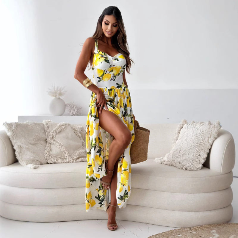 Women's Summer Print Waist Sling Dress Oversized Swing