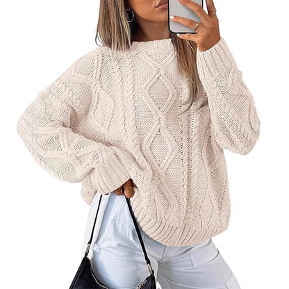 Women Solid Cable Knit Round Neck Pullover Sweater