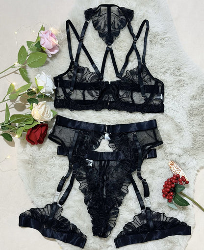 Embroidered Mesh Lingerie Set