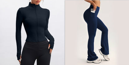 Opstaande kraag lange mouwen ritsjas broek met hoge taille wijde pijpen set