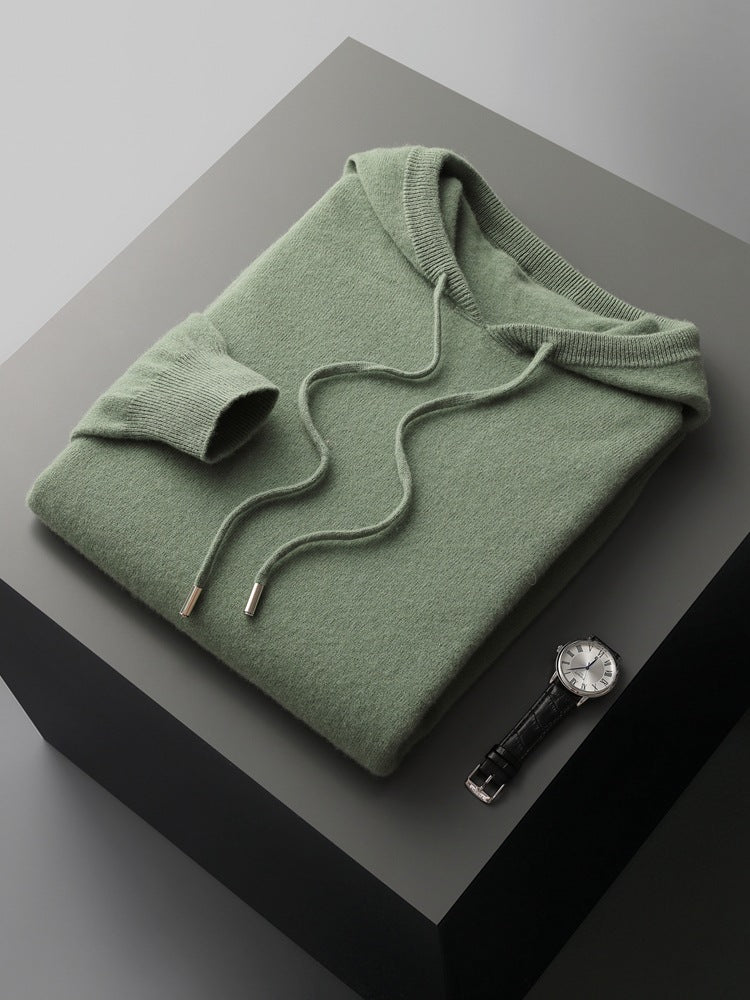 Mens Hooded Cashmere Blend Sweater Solid Color Long Sleeve Knit Pullover