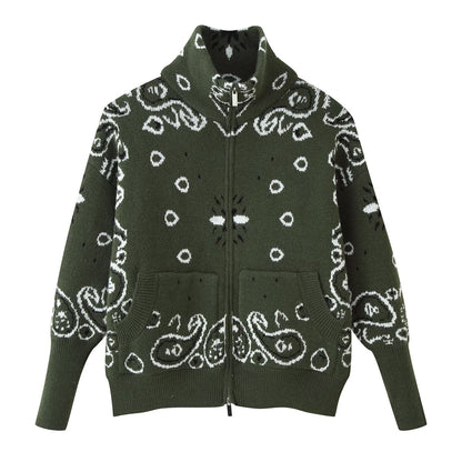 Loose Tricolor Zipper Long Sleeve Cardigan Sweater Jacket