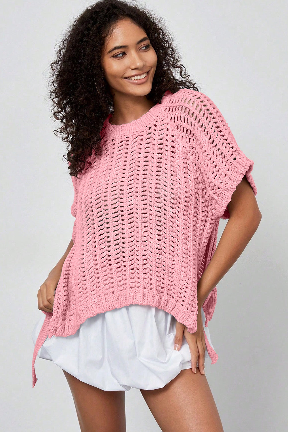Plus size open gebreide trui met strik en korte mouwen