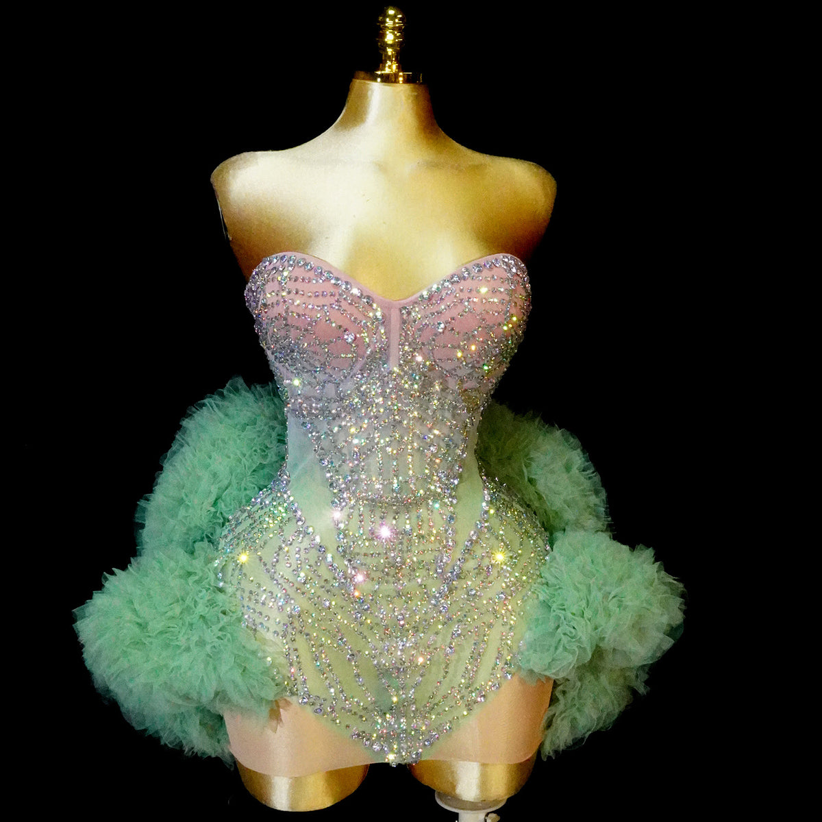 Gradient Rhinestone Strapless Puffy Dress