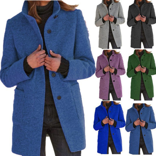 Womens Retro Solid Color Buttoned Stand Collar Coats