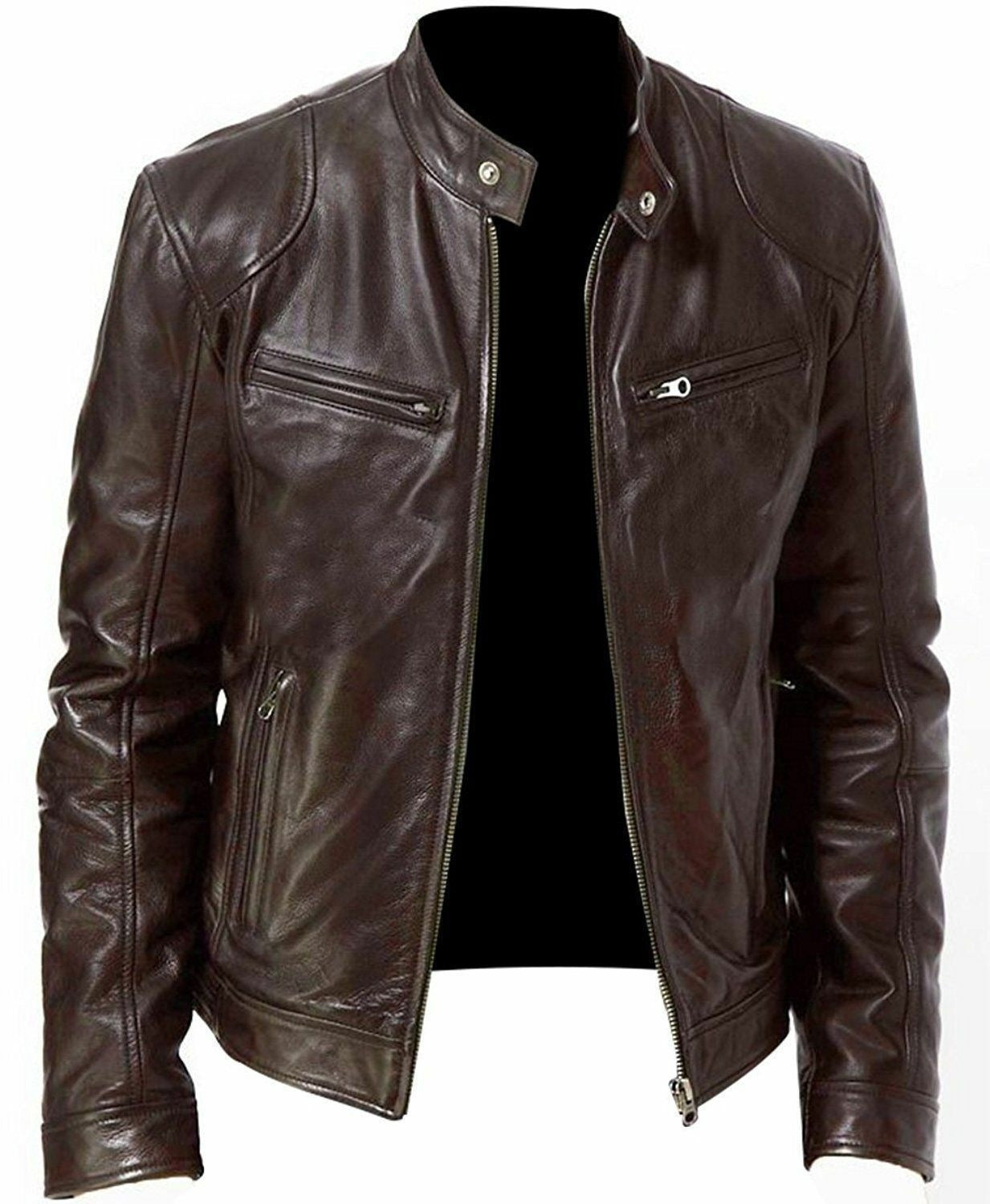 Mens Stand Collar Leather Jacket