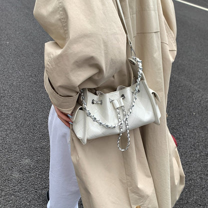 Women's Quilted Diamond Pattern PU Leather Chain Drawstring Shoulder Bag