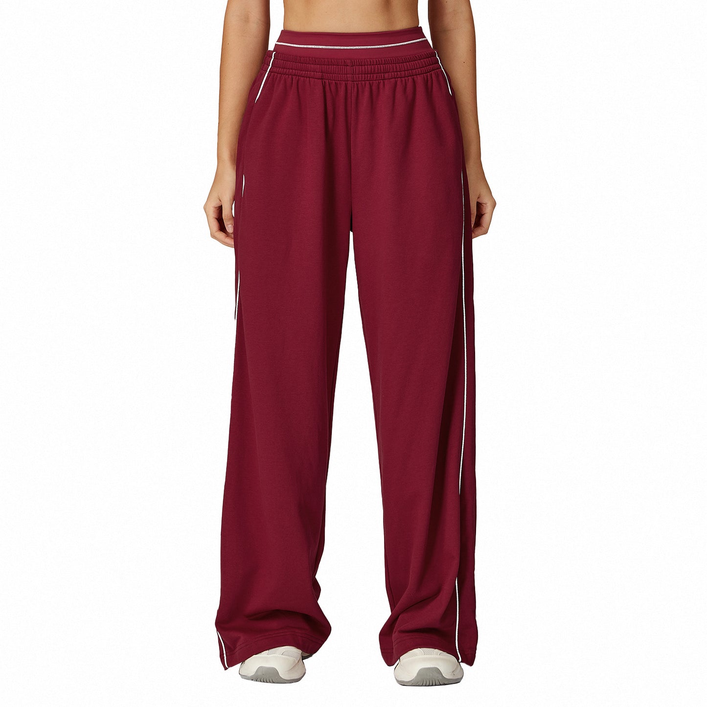 Contrasting Color Sports Sweatpants Loose High Waisted Straight Pants with Pockets