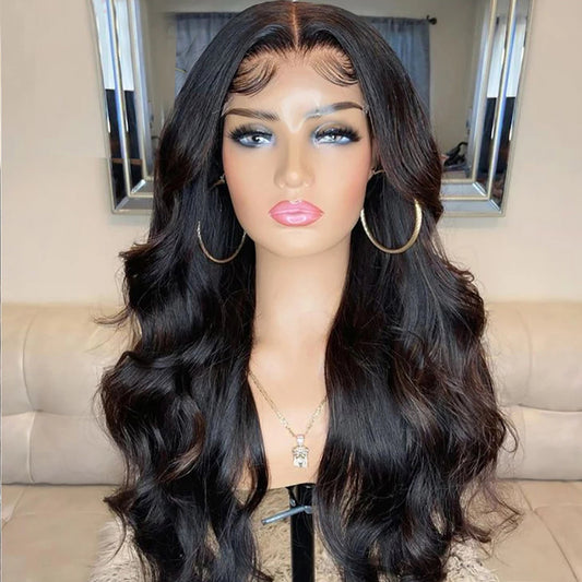 Lange golvende synthetische lace wig