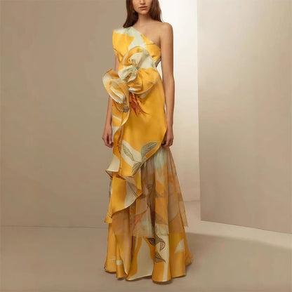 French Retro Printed Oblique Shoulder Dress