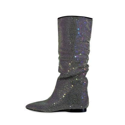 Pointed Flat Rhinestone Suede High Boots