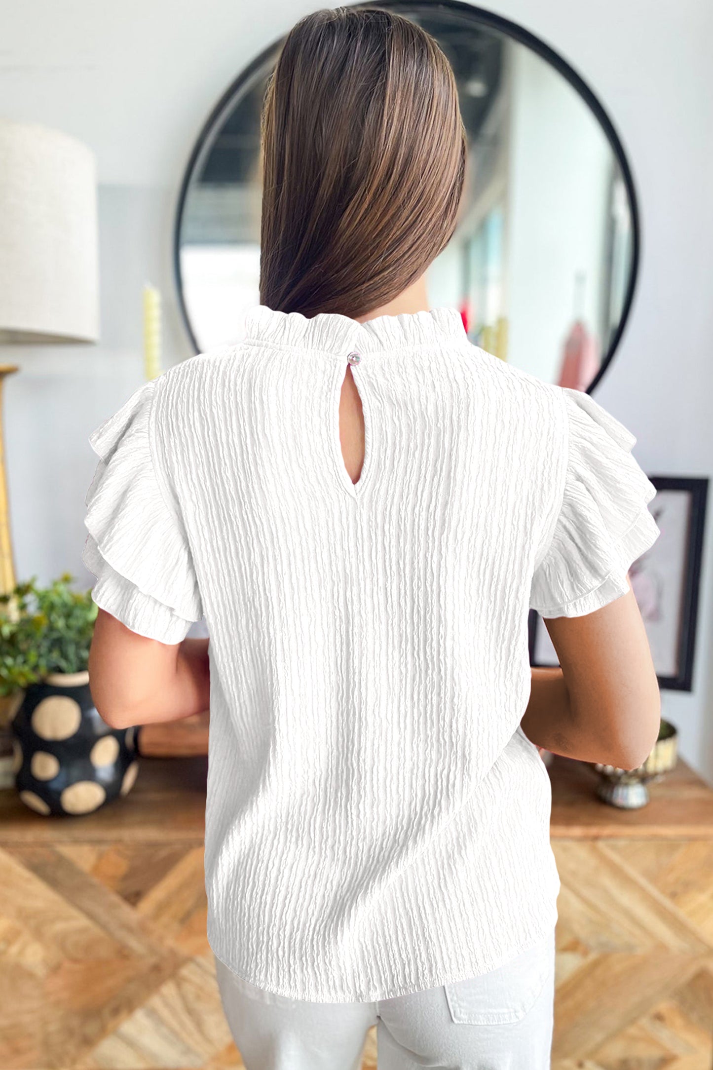 Effen blouse met textuur en ruches korte mouwen
