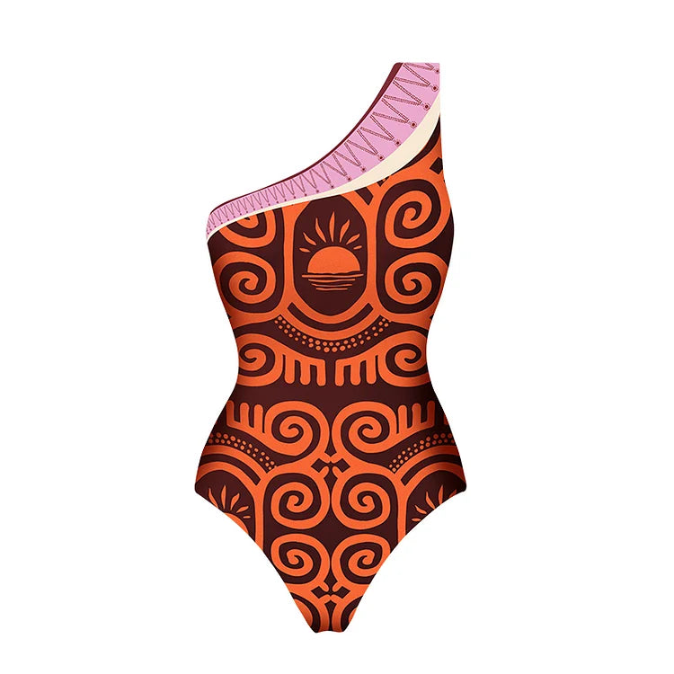 Modieuze badpak met één schouder en print of als set met sarong