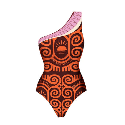 Modieuze badpak met één schouder en print of als set met sarong