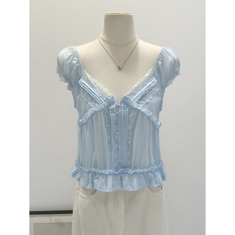 Chic Lace V-Neck Chiffon Short-Sleeve T-Shirt