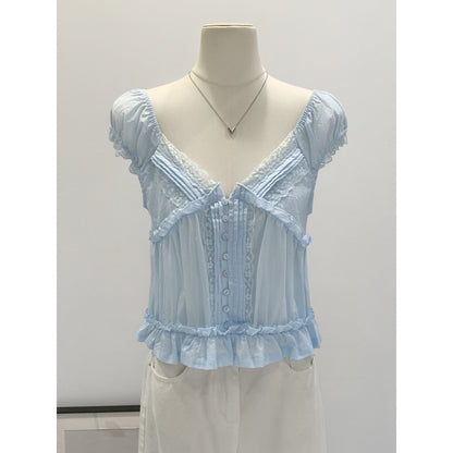 Chic Lace V-Neck Chiffon Short-Sleeve T-Shirt