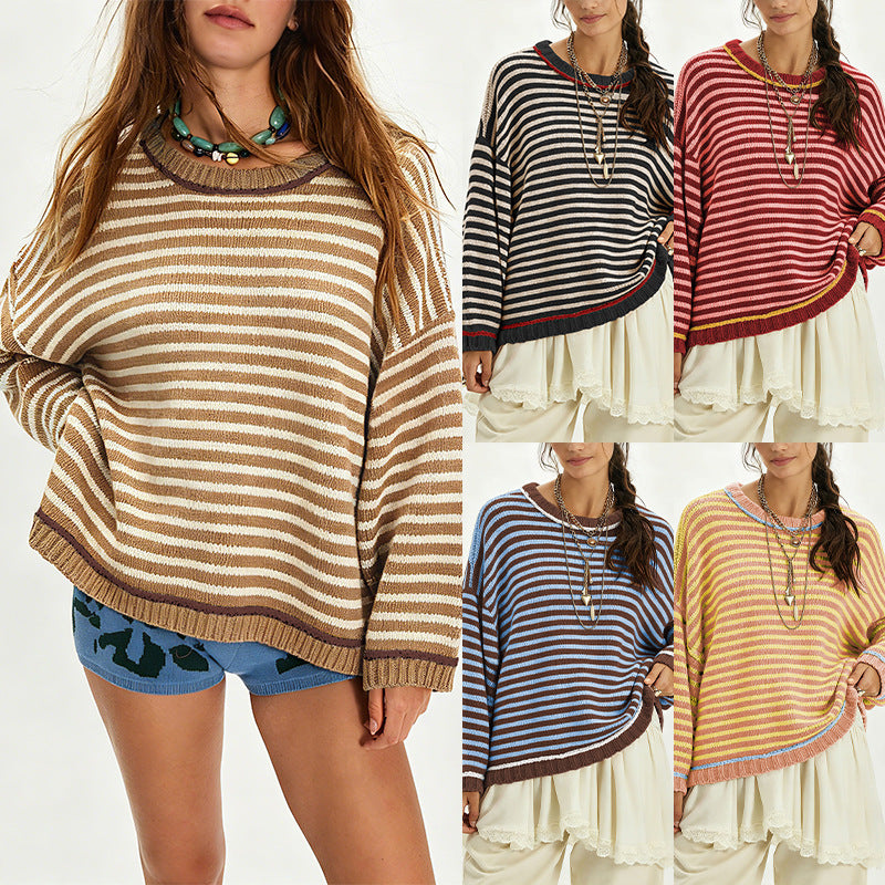 Round neck loose striped long sleeved sweater