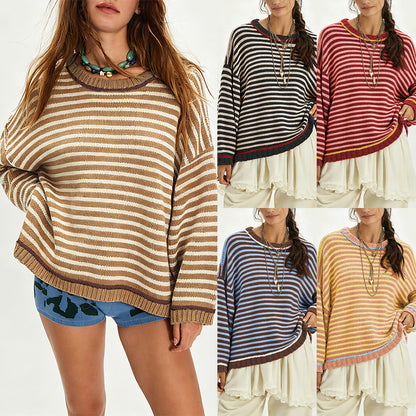 Round neck loose striped long sleeved sweater