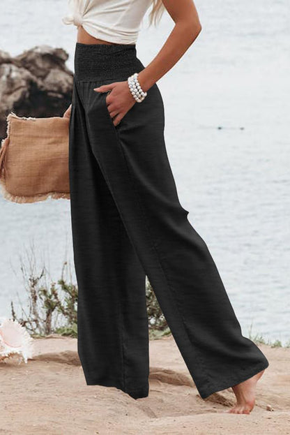 Zwarte geplooide broek met hoge taille en wijde pijpen plus size