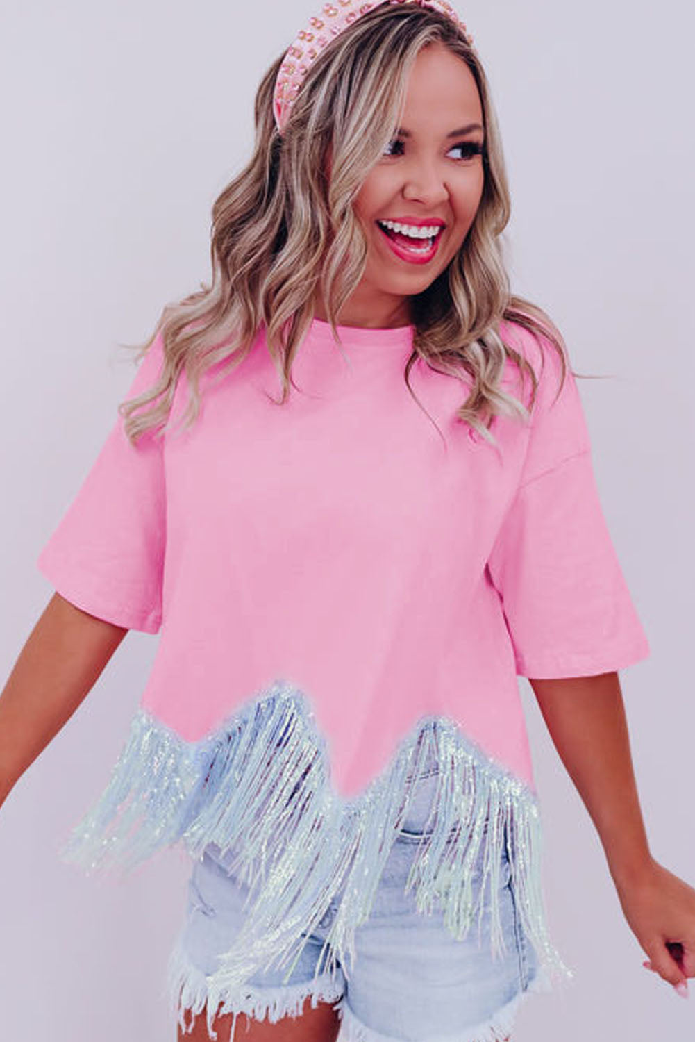 Cropped T-shirt met franjes pailletten en korte mouwen