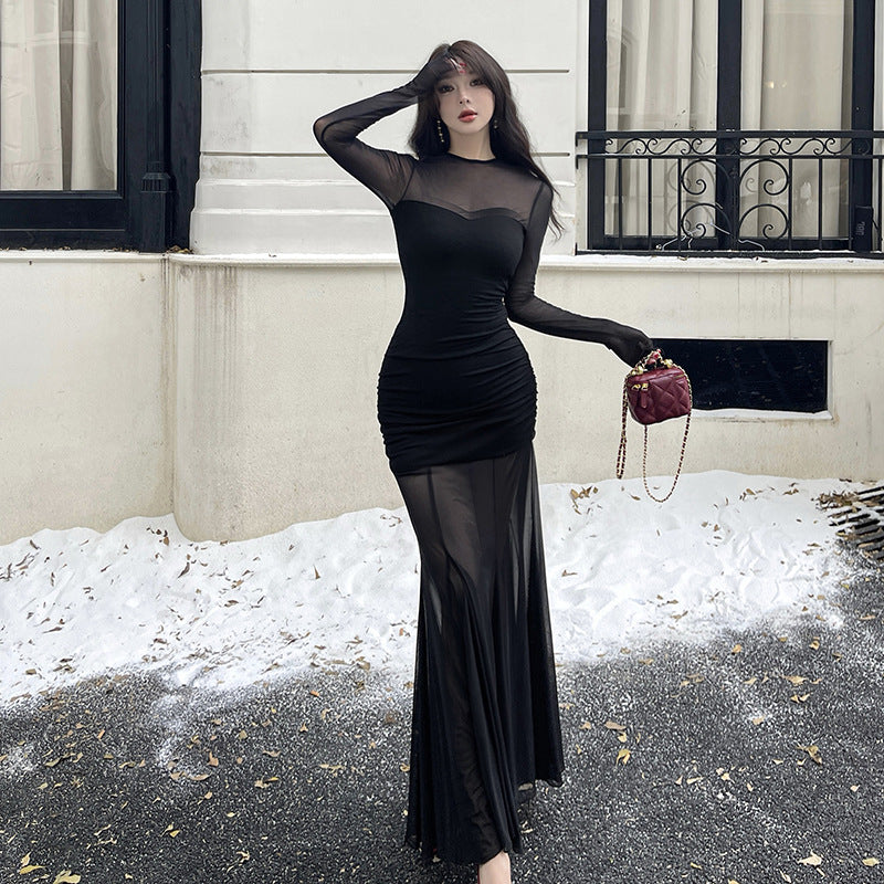 Black long sleeved mesh elegant spicy girl dress