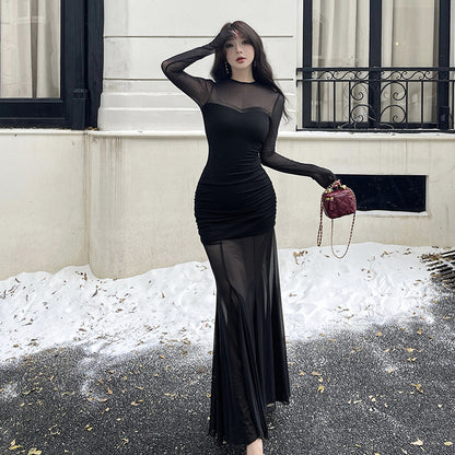 Black long sleeved mesh elegant spicy girl dress