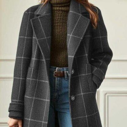 Retro Plaid Mid-Length Lapel Coat for Women