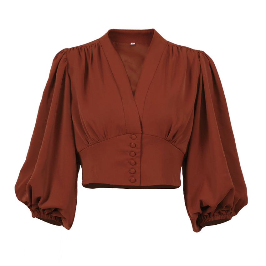 Womens Lantern Sleeve V-Neck Blouse