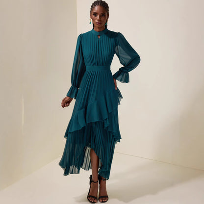 Pleated Midi Dress with Long Sleeves, Elegant Fashion Women's Dress