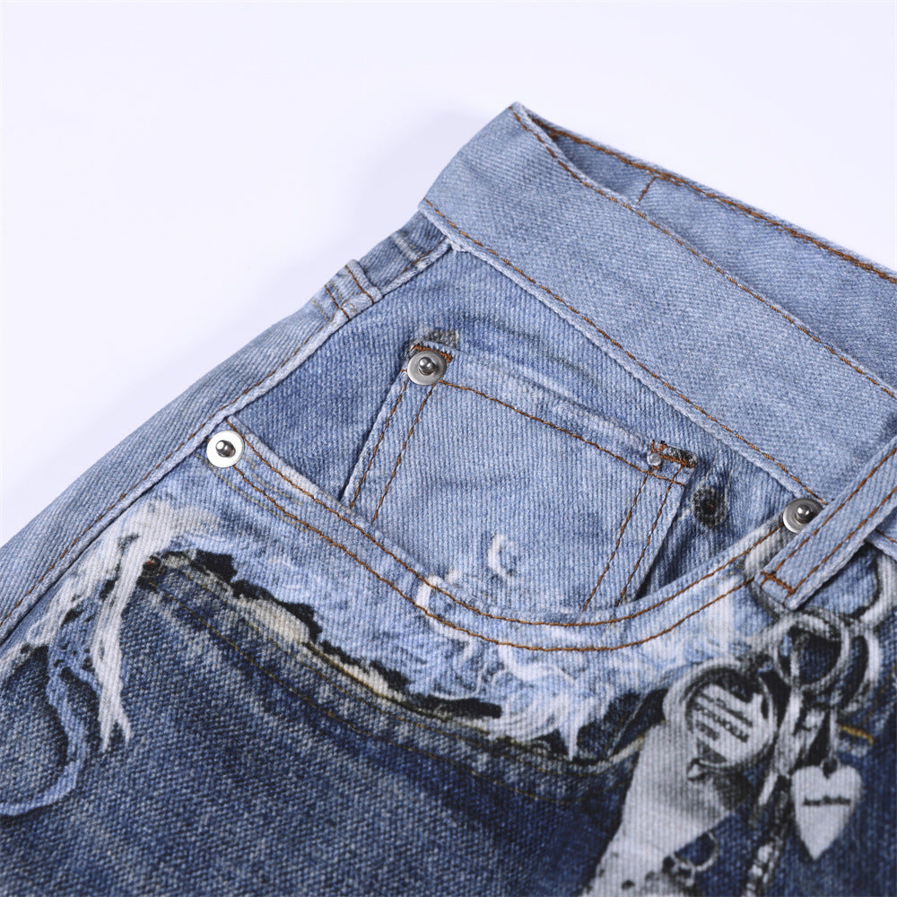 Color blocked digital printed wide leg jeans