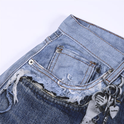 Color blocked digital printed wide leg jeans