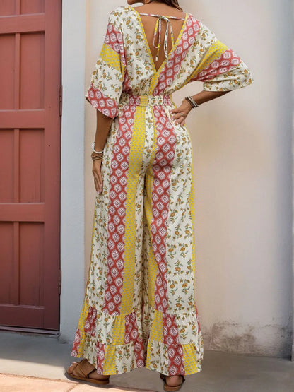 Ruffled Hem Printed V-Neck Jumpsuit