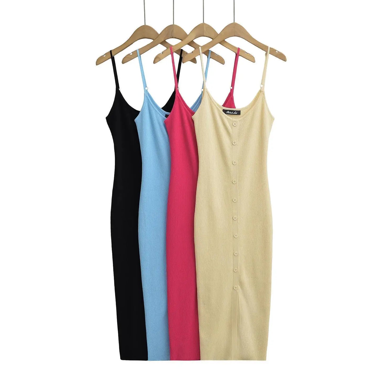 Summer Single Breasted Rib Knitted Dress Women Spaghetti Strap Midi Split Dresses