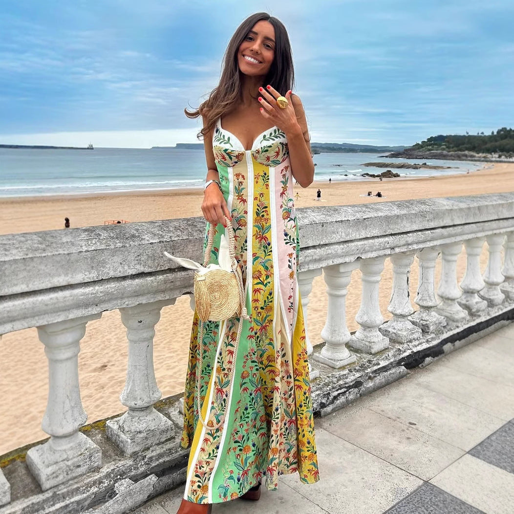 Elegant Linen Print Strapless Dress with Loose Fit for Spring and Summer Vacation