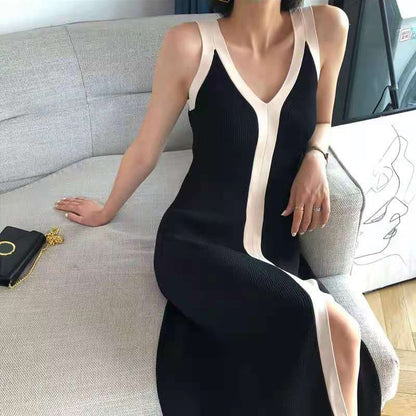Spring Summer Retro V-neck Long Contrast Knitted Maxi Dresses for Women Luxury Sense Simplicity Korean Style