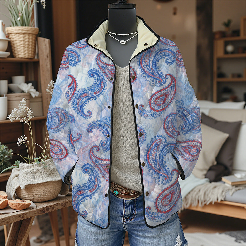 Women's Pleated Floral Digital Print Cotton Jacket Long Sleeve Stand Collar Outerwear