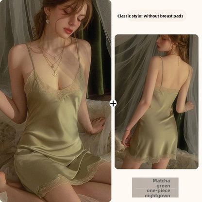 Lace Trim Ice Silk Womens Sleepwear Nightdress
