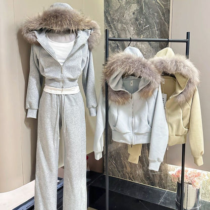 Fleece-Lined Thick Hooded Sweatshirt Jacket Pants Two-Piece Set
