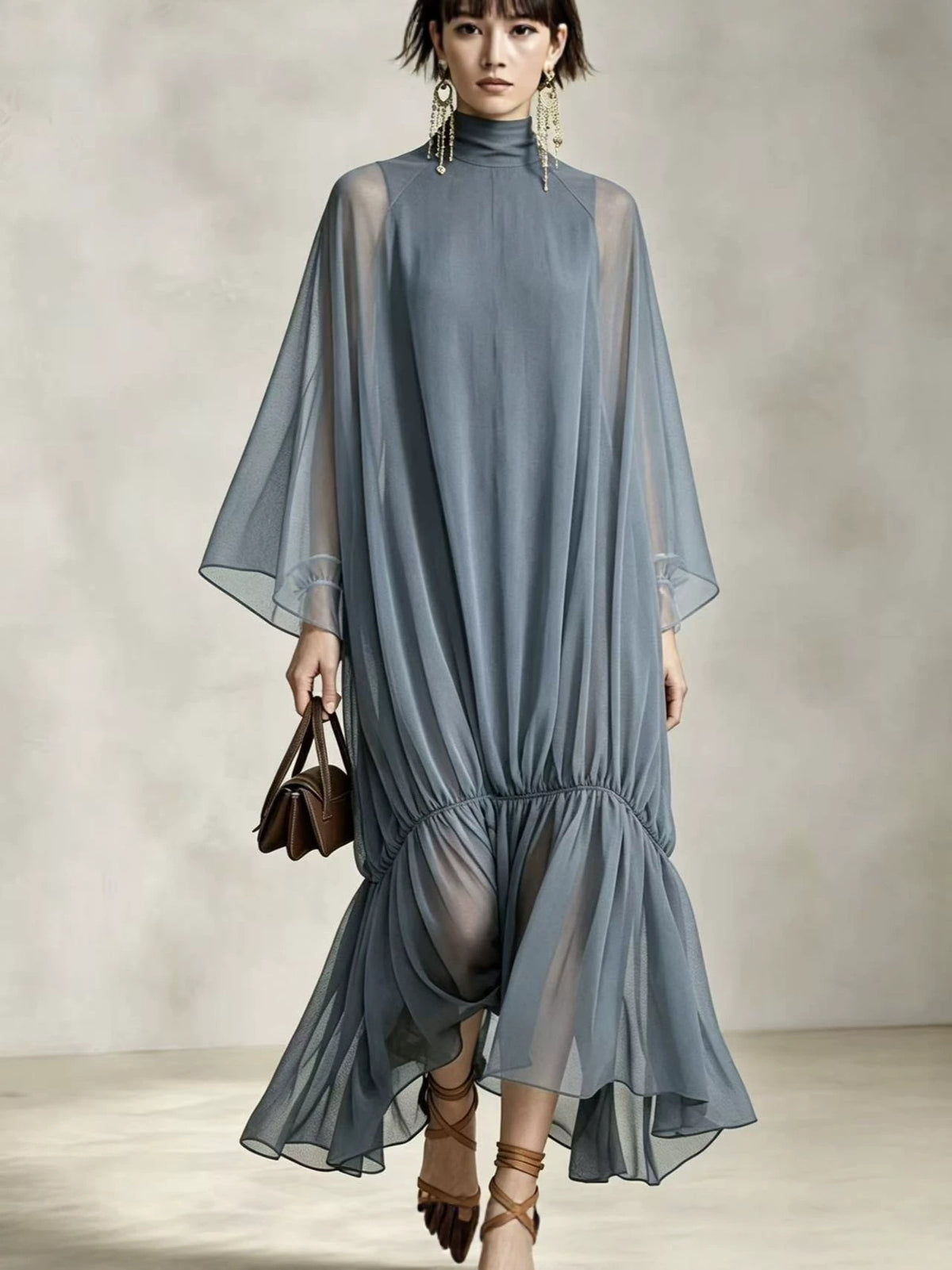Loose Fit Pleated Dress with Batwing Sleeves