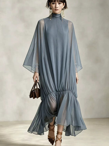 Loose Fit Pleated Dress with Batwing Sleeves