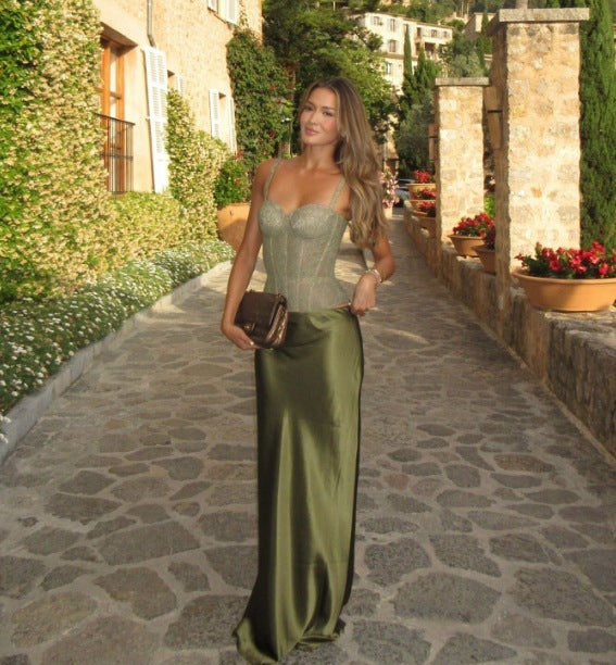 Sexy maxi rok 2-delige set sweetheart kant corset top flowy satijn of los