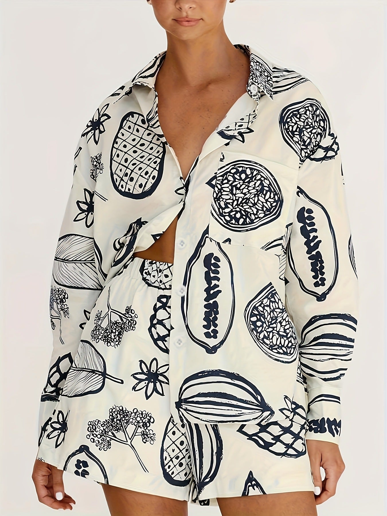 Losse overhemd en shorts met fruitprint tweedelige set